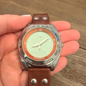 Fossil Silver and Brown Watch with Orange Accent